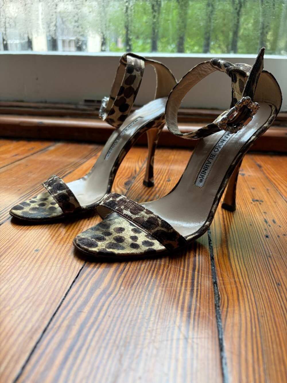 Manolo Blahnik Cheetah Printed on Silk, Crystal Buckle Sandal Heels